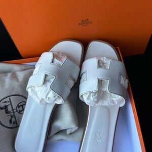 Hermes White Slide Sandals